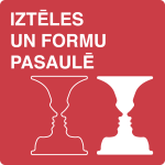 Zīmējums ar optisko ilūziju – divi sejas profili, kas vienlaikus veido vāzes siluetu, uz sarkana fona ar uzrakstu “Iztēles un formu pasaulē” – Skrivanek vasaras bērnu dizaina nometne radošuma un vizuālās domāšanas attīstīšanai.