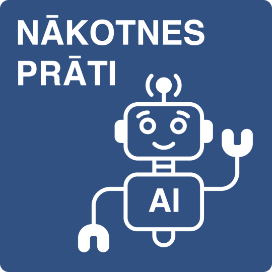Zīmējums ar smaidošu robotiņu ar uzrakstu “AI” uz krūtīm, kurš māj ar roku, uz tumši zila fona ar uzrakstu “Nākotnes prāti” – Skrivanek vasaras bērnu nometnes par tehnoloģijām un mākslīgo intelektu – mākslīgā intelekta vasaras nometne bērniem