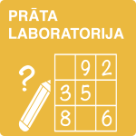 Zīmējums ar ciparu režģi, zīmuli un jautājuma zīmi uz dzeltena fona ar uzrakstu “Prāta laboratorija” – Skrivanek vasaras bērnu matemātikas nometne loģiskās domāšanas un skaitļu pasaules iepazīšanai.