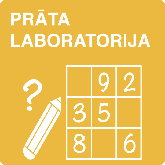 Zīmējums ar ciparu režģi, zīmuli un jautājuma zīmi uz dzeltena fona ar uzrakstu “Prāta laboratorija” – Skrivanek vasaras bērnu matemātikas nometne loģiskās domāšanas un skaitļu pasaules iepazīšanai.