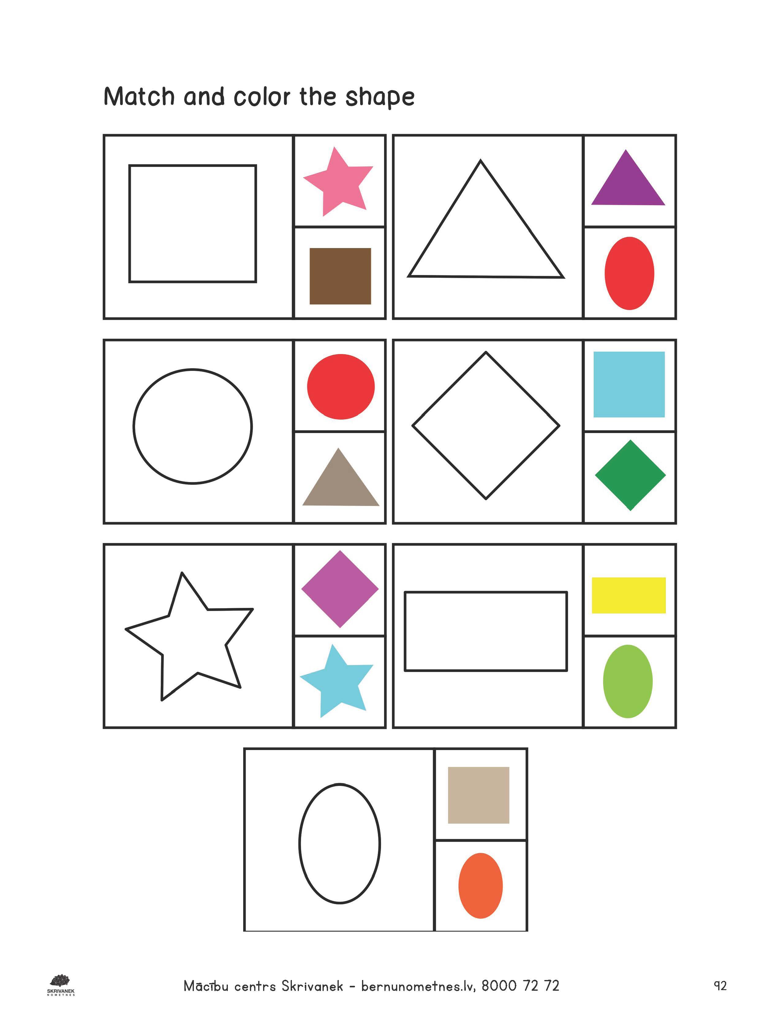 Skrivanek uzdevumi bērniem - izkrāso formas